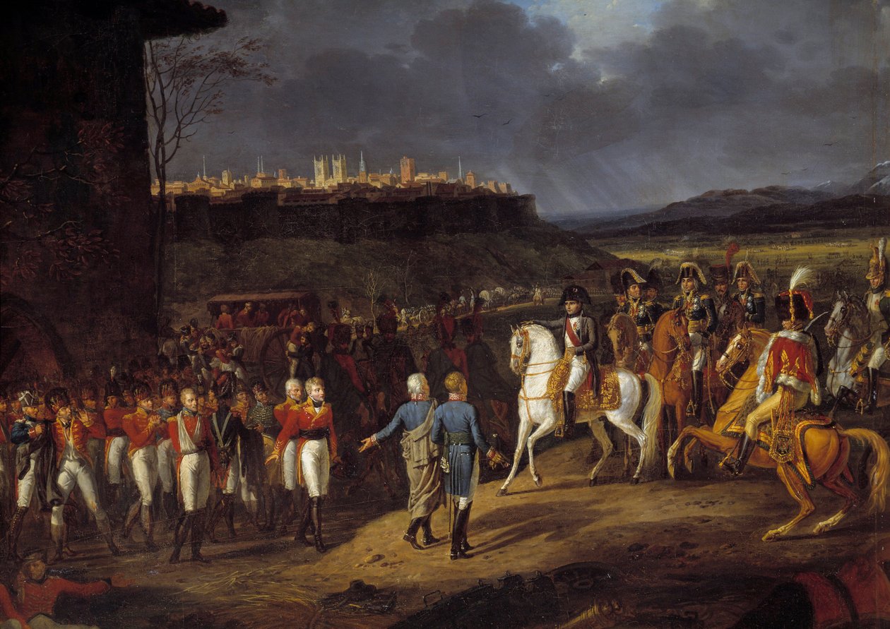 Campagne van Spanje: Keizer Napoleon I werd in Astorga, Spanje, voorgesteld aan Engelse gevangenen en beval hen met speciale zorg te behandelen, januari 1809 (detail) door Hippolyte Lecomte