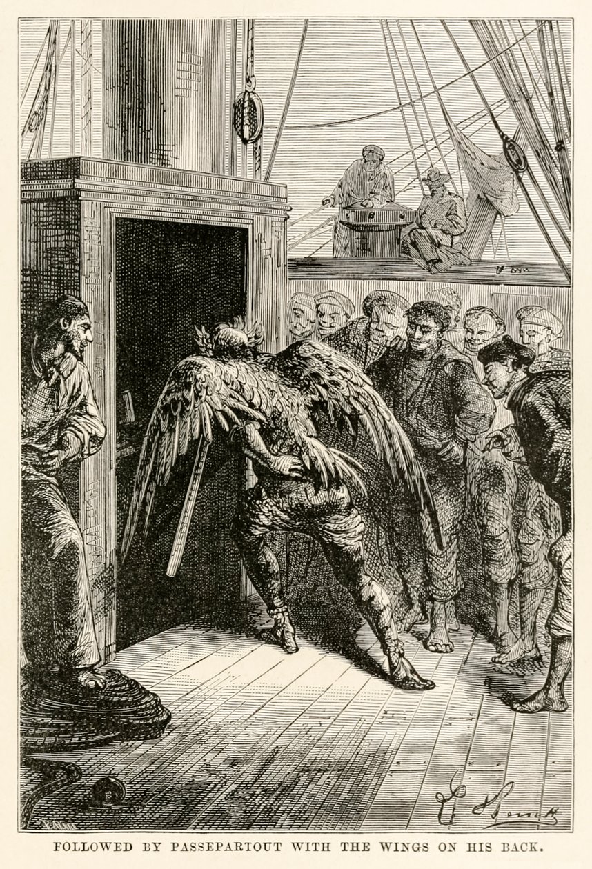 Gevolgd door Passepartout met de vleugels op zijn rug, uit De Reis om de Wereld in Tachtig Dagen door Jules Verne (1828-1905), gegraveerd door Adolphe François Pannemaker (1822-1900), 1873 door Hippolyte Leon after Benett