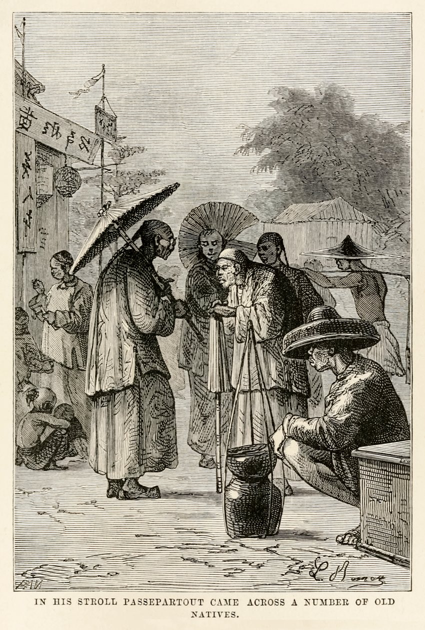 Tijdens zijn wandeling kwam Passepartout een aantal oude inboorlingen tegen, uit De Reis om de Wereld in Tachtig Dagen door Jules Verne (1828-1905), gegraveerd door Adolphe François Pannemaker (1822-1900), 1873 door Hippolyte Leon after Benett