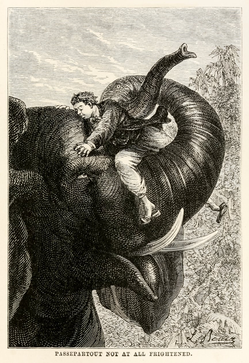 Passepartout helemaal niet bang, uit De Reis om de Wereld in Tachtig Dagen door Jules Verne (1828-1905), 1873 door Hippolyte Leon after Benett