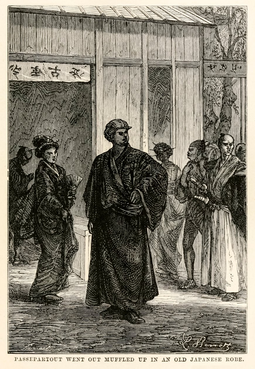 Passepartout ging naar buiten gehuld in een oude Japanse mantel, uit De Reis om de Wereld in Tachtig Dagen door Jules Verne (1828-1905), gegraveerd door Louis Prevost, 1873 door Hippolyte Leon after Benett