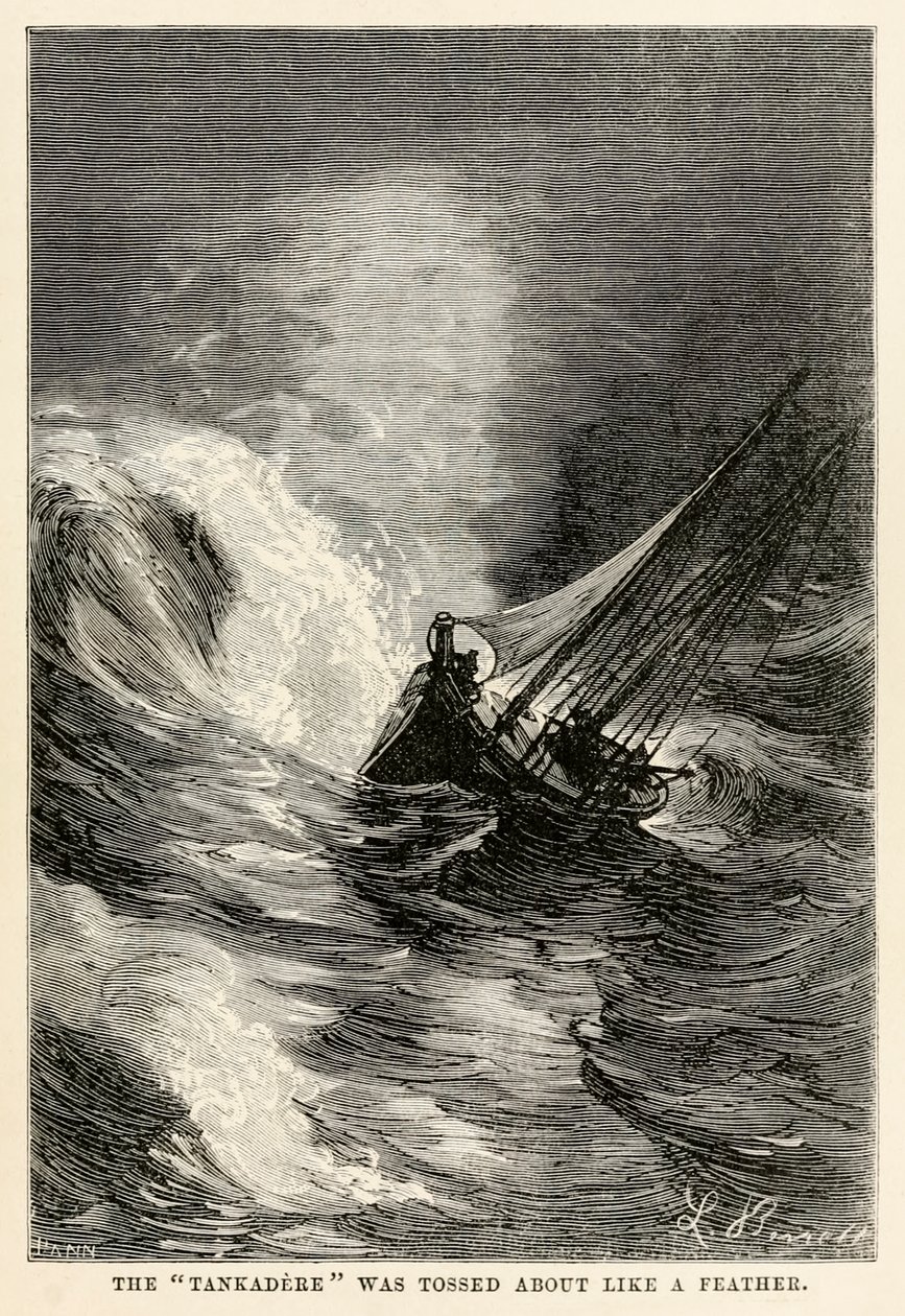 De Tankadere werd heen en weer geslingerd als een veertje, uit De Reis om de Wereld in Tachtig Dagen door Jules Verne (1828-1905) gegraveerd door Adolphe François Pannemaker (1822-1900), 1873 door Hippolyte Leon after Benett