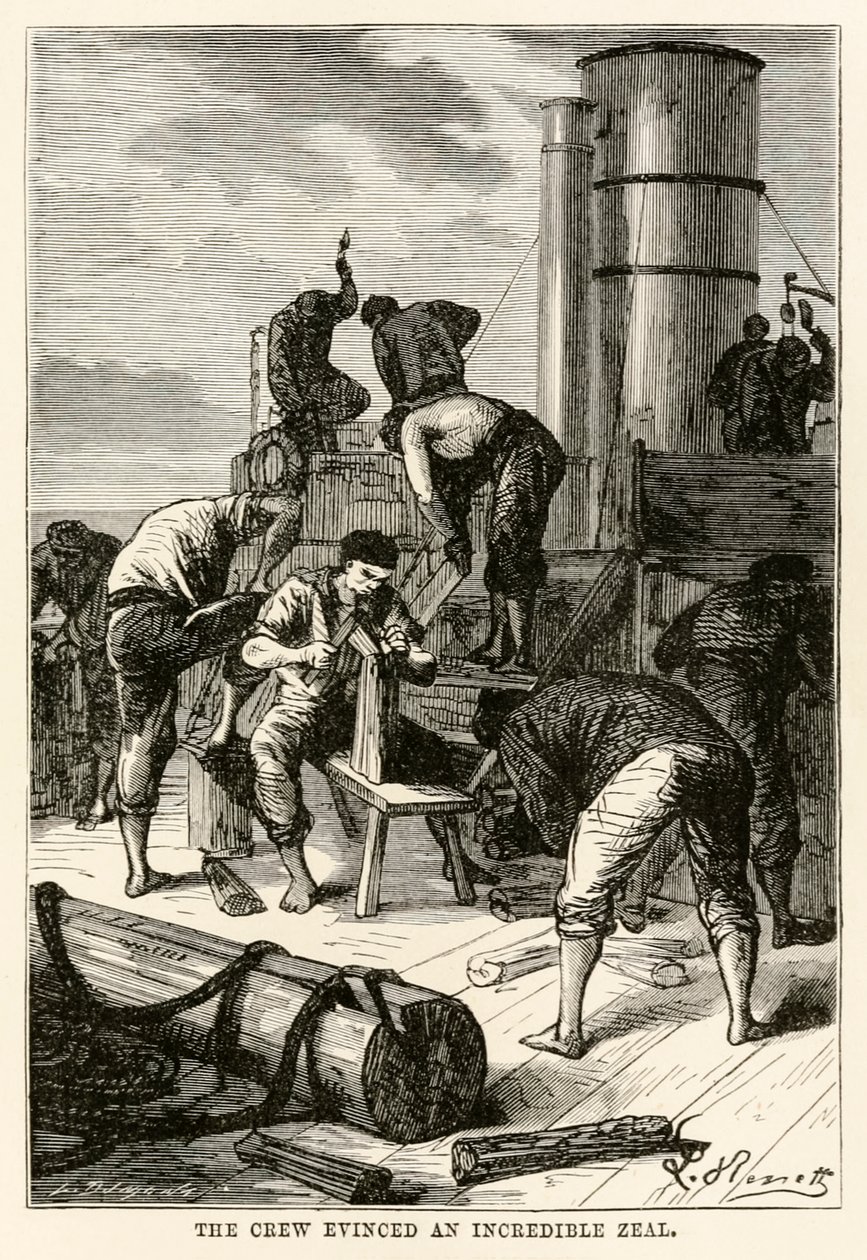 De bemanning toonde een ongelooflijke ijver, uit De Reis om de Wereld in Tachtig Dagen door Jules Verne (1828-1905) gegraveerd door Louis Dumont (b.1822), 1873 door Hippolyte Leon after Benett