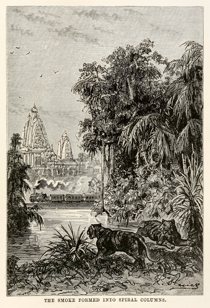 De rook vormde zich in spiraalvormige kolommen, uit De Reis om de Wereld in Tachtig Dagen door Jules Verne (1828-1905), 1873 door Hippolyte Leon after Benett