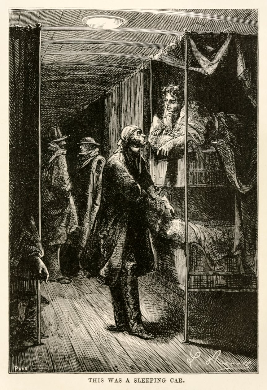 Dit was een slaapwagen, uit De Reis om de Wereld in Tachtig Dagen door Jules Verne (1828-1905) gegraveerd door Adolphe François Pannemaker (1822-1900), 1873 door Hippolyte Leon after Benett
