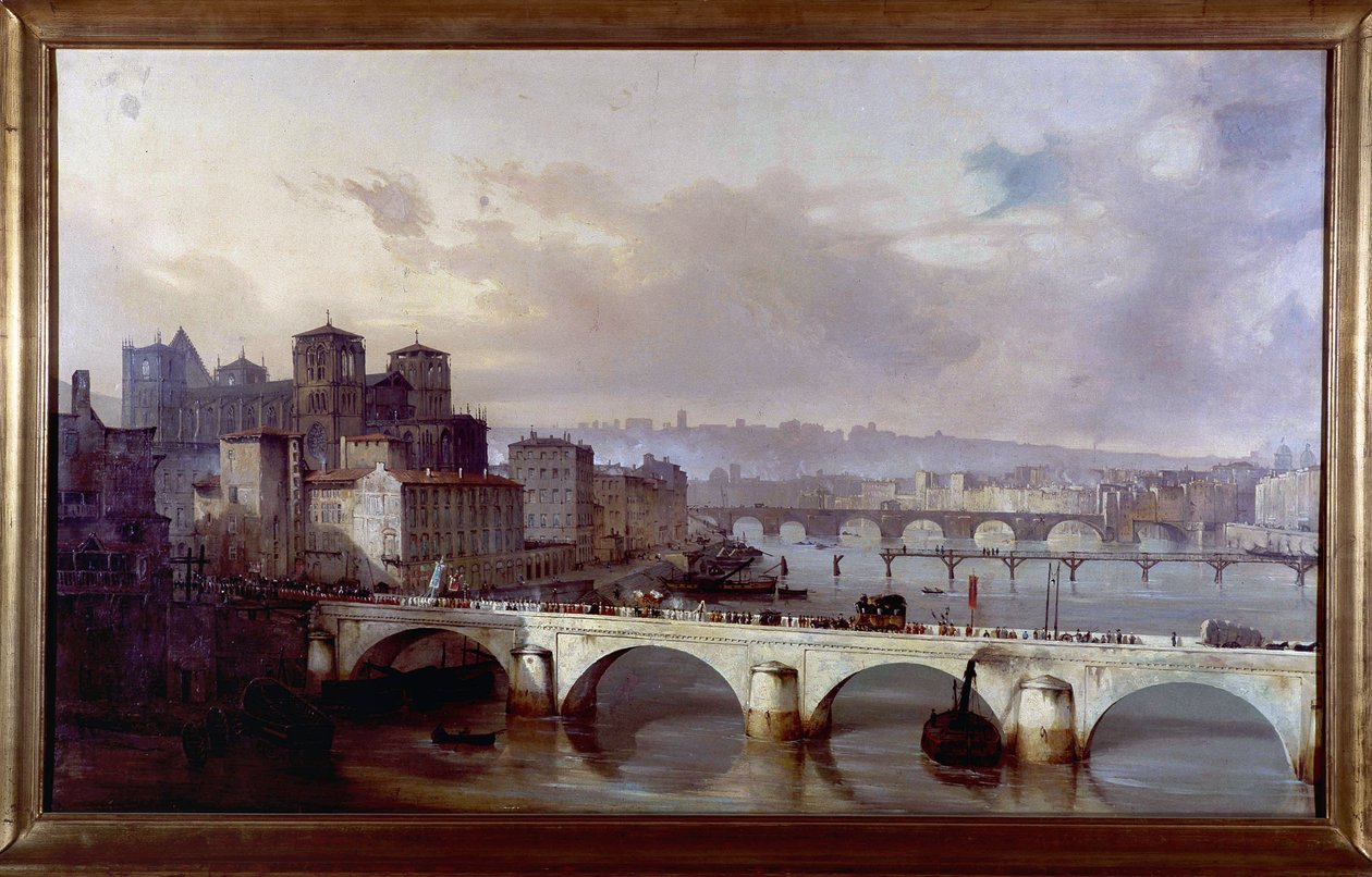 Processie die de brug van het Aartsbisdom in Lyon passeert - schilderij door Hyppolyte Leymarie, circa 1835-1840, Gadagne Museum in Lyon. door Hippolyte Leymarie