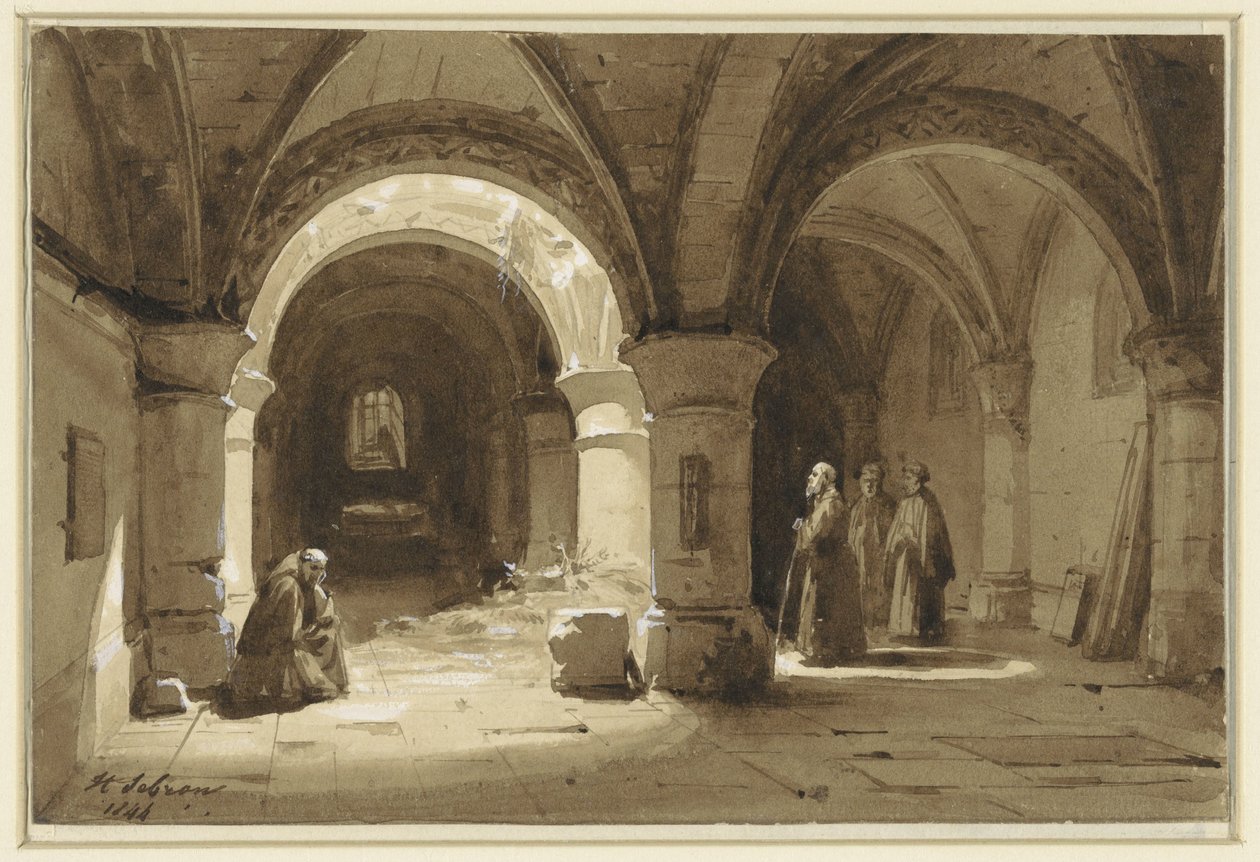 Kloostergewelven met monniken door Hippolyte Victor Valentin Sebron