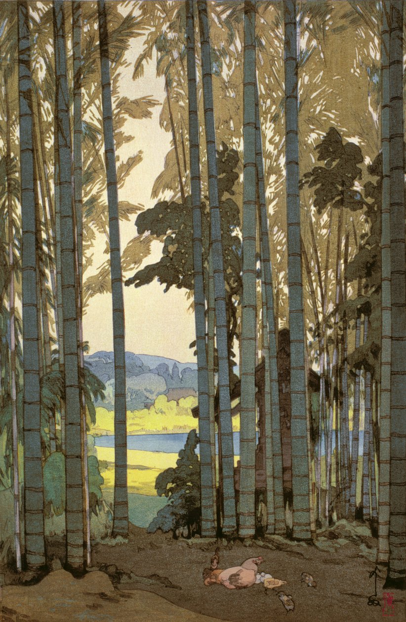 Kippen in het bamboebos door Hiroshi Yoshida