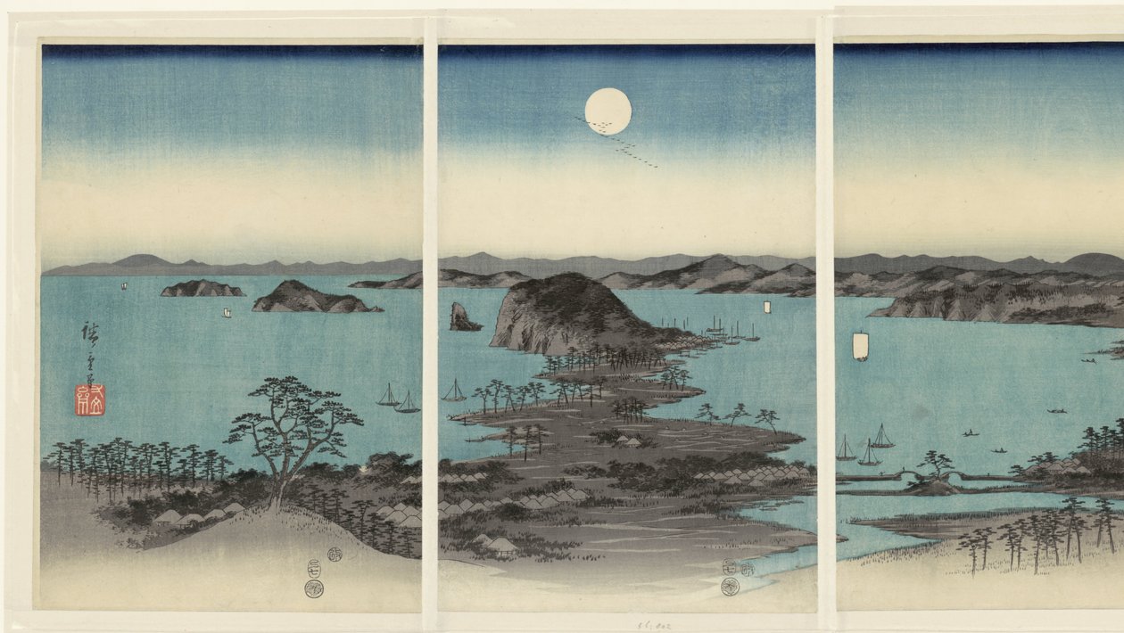 Avond panorama op de acht gezichten op Kanazawa in de provincie Musashi door Hiroshige (I) , Utagawa