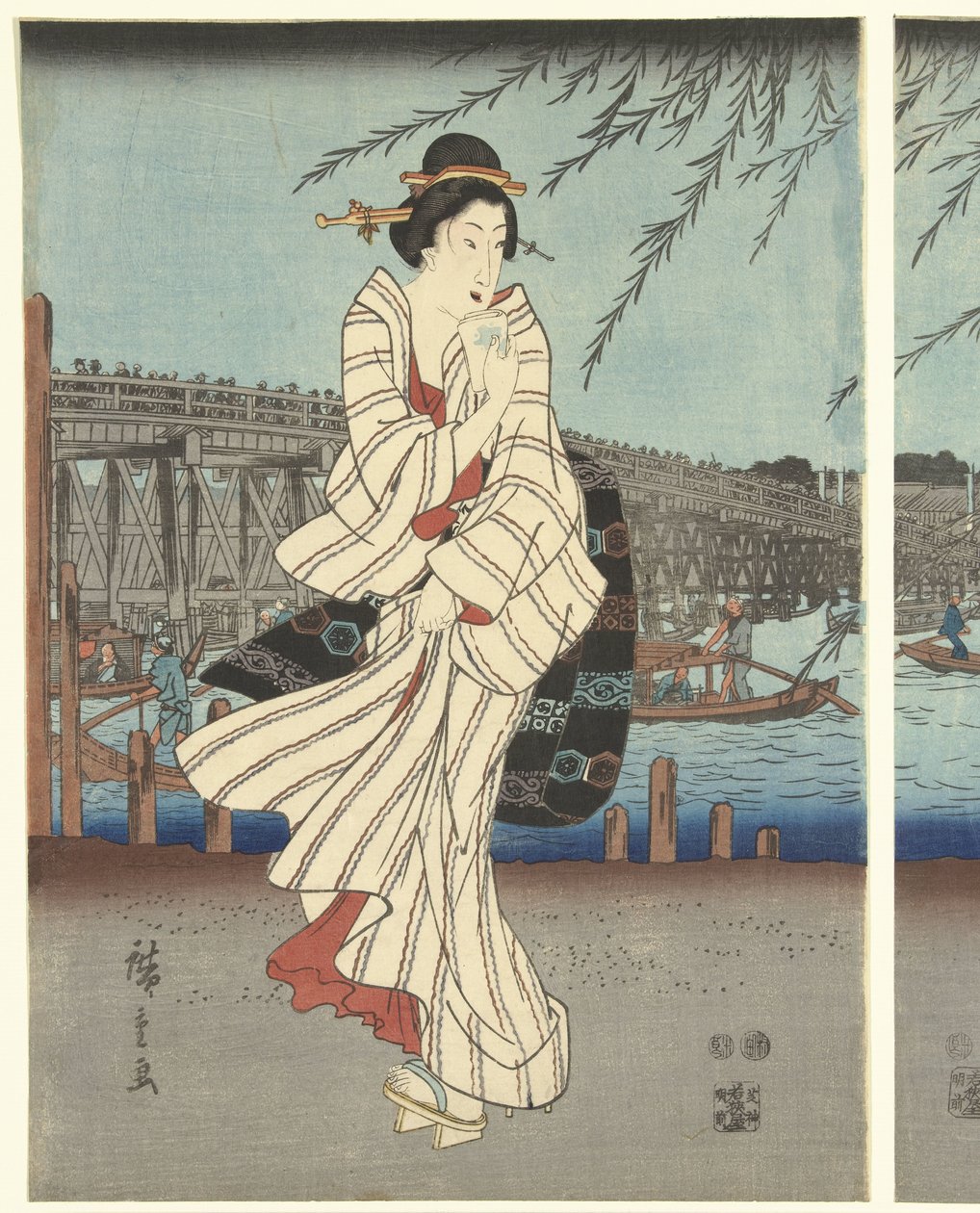 Beroemde plekken in de Oostelijke hoofdstad: Genietend van een avondbriesje bij de Ryogoku brug door Hiroshige (I) , Utagawa