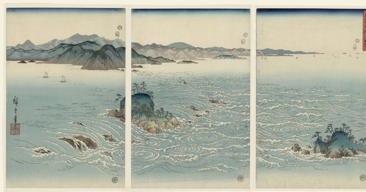Gezicht op de draaikolken te Naruta in de provincie Awa (Sneeuw, maan en bloemen) door Hiroshige (I) , Utagawa