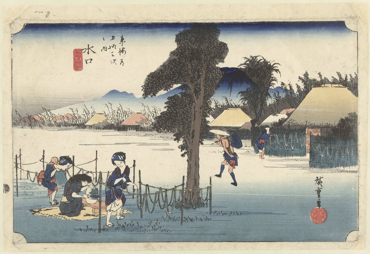 Minakuchi, het beroemde streekproduct kanpyo door Hiroshige (I) , Utagawa