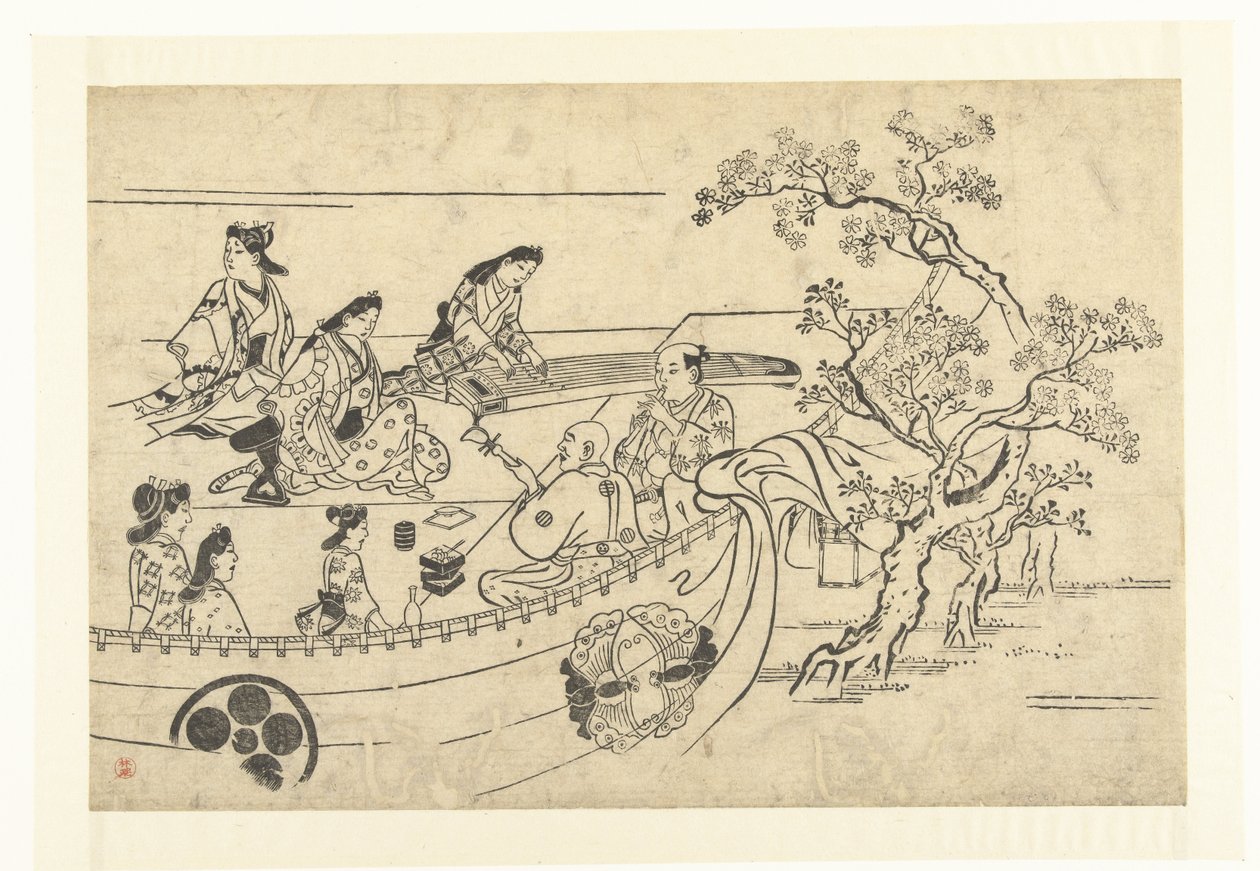 Musicerend gezelschap onder een kersenboom door Hishikawa Moronobu (attributed to)