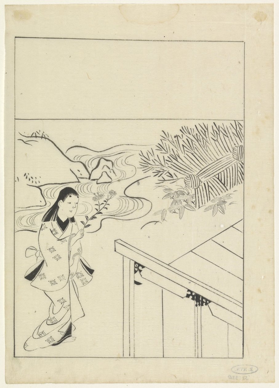 Landschap met een vrouw met een tak bloemen in de hand door Hishikawa Moronobu
