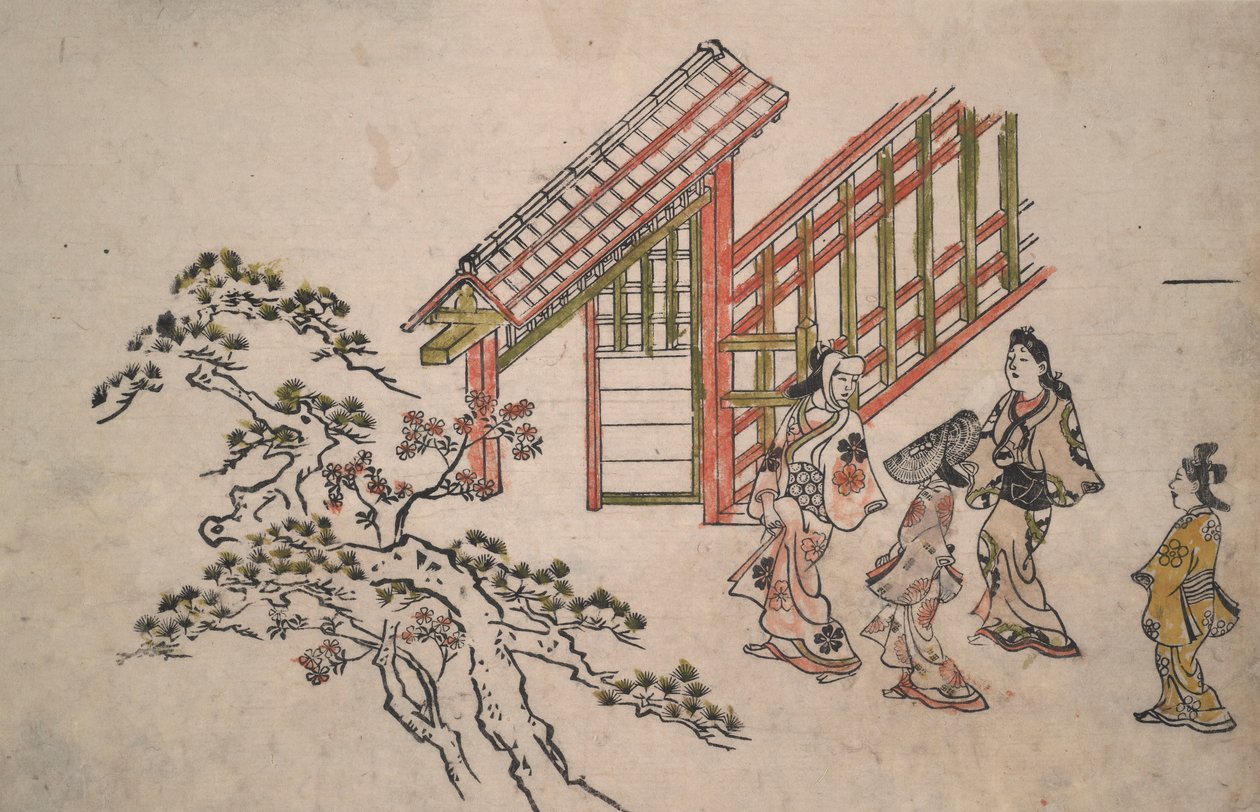 Bij de nieuwe Yoshiwara-poort door Hishikawa Moronobu
