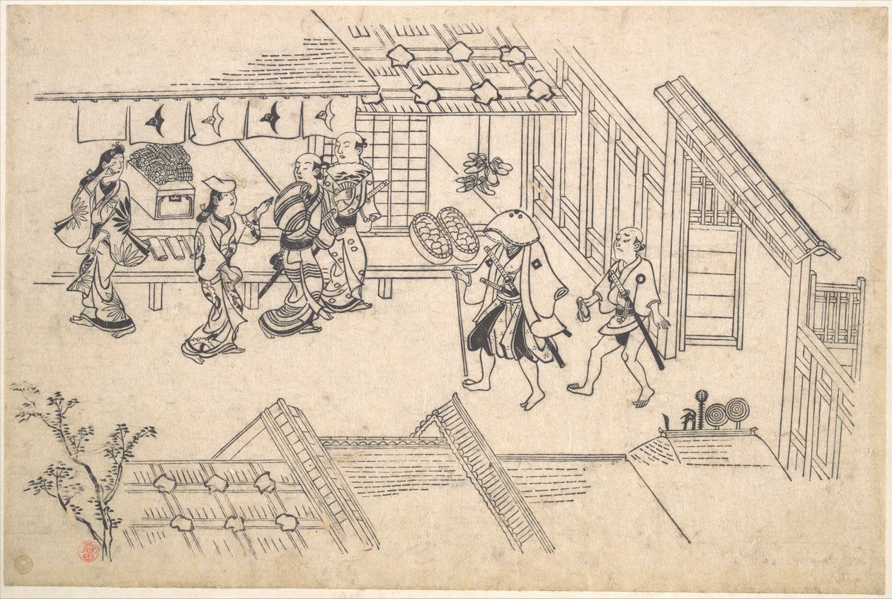De ingang van Ageya-machi, uit de serie "Taferelen in de Yoshiwara (Yoshiwara no tei)" door Hishikawa Moronobu