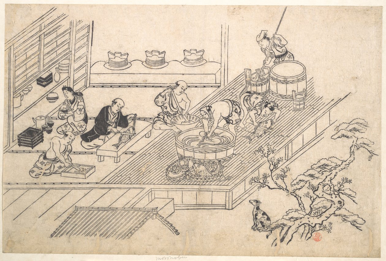 De keuken van een Joroya door Hishikawa Moronobu
