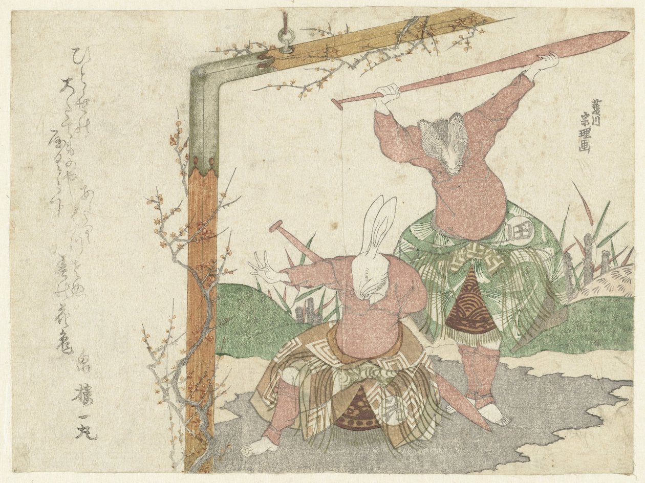 Een schilderij van een haas en een das door Hishikawa Sori