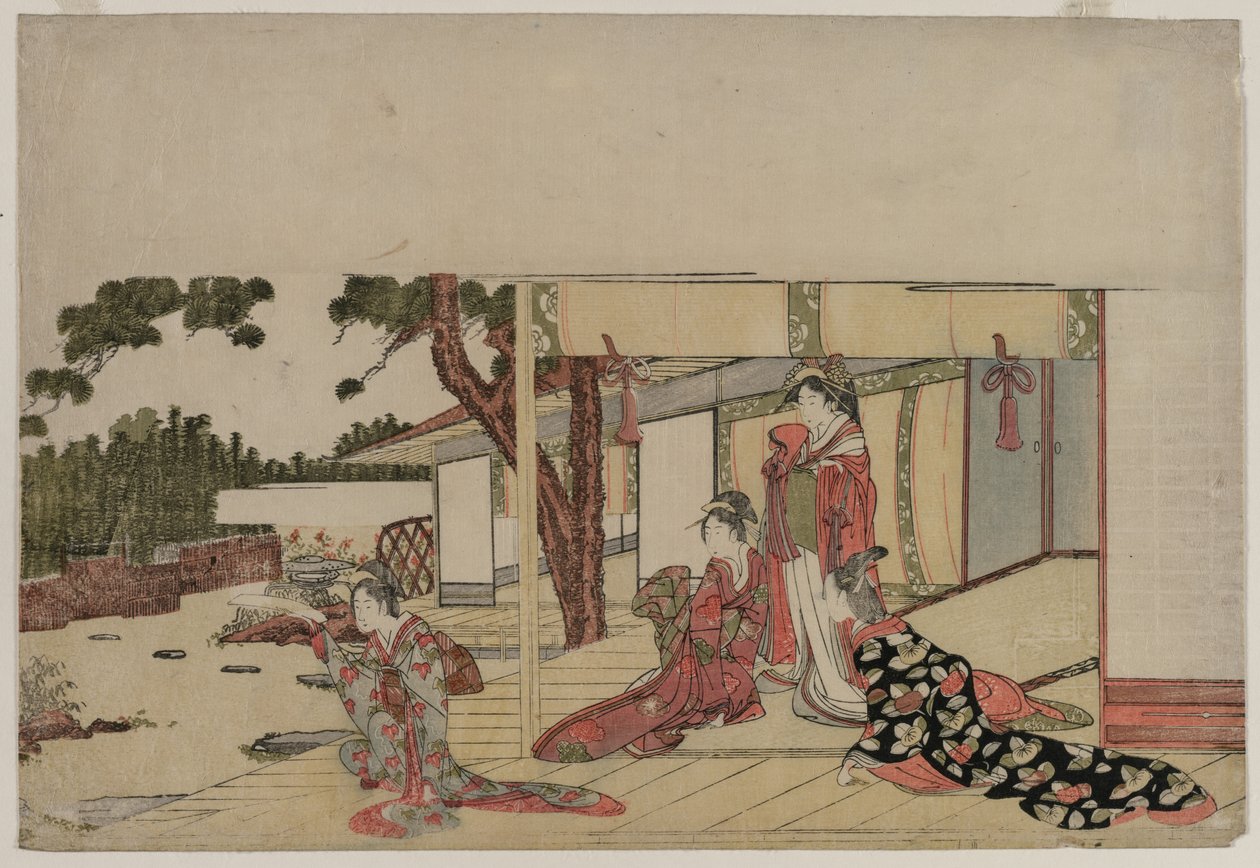 Vrouwen op een veranda door Hishikawa Sori III