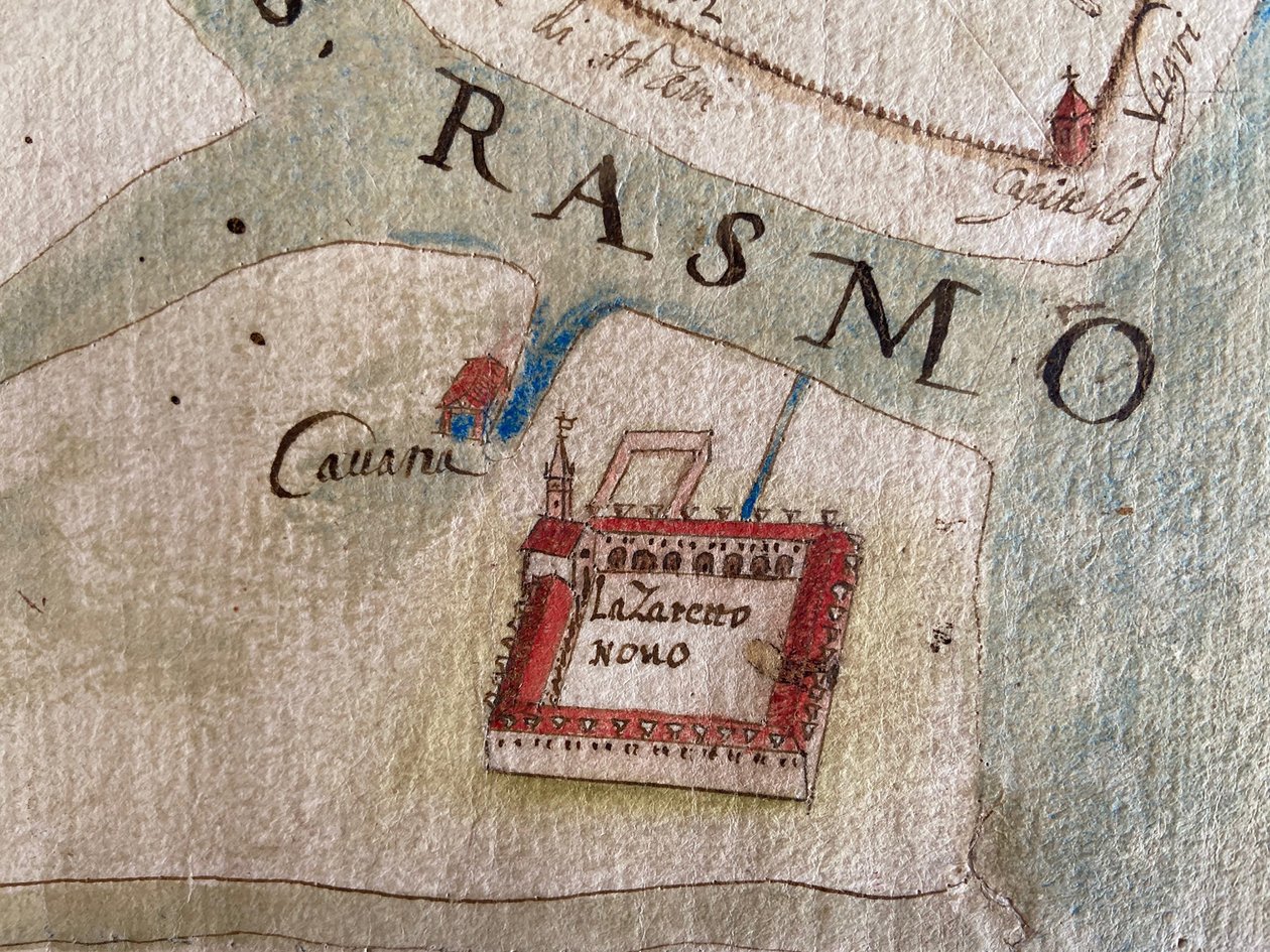 Lazzaretto Nuovo op een kaart van de 17e eeuw door Historical Document.