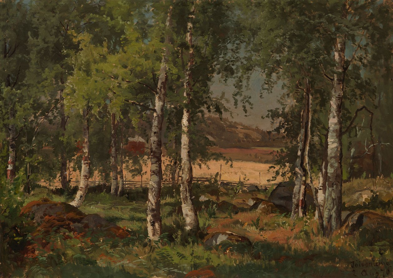 Landschap met berkenbosje en roggeveld door Hjalmar Munsterhjelm
