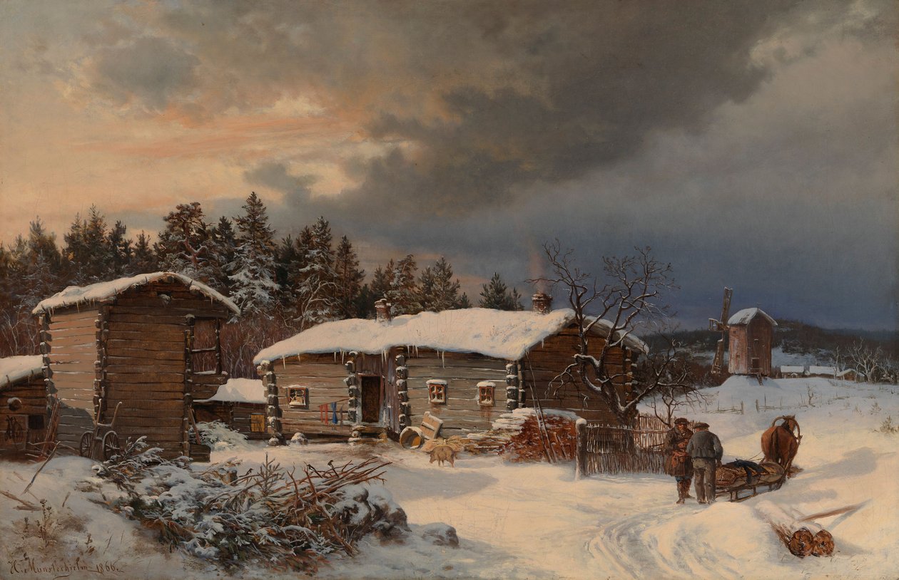 Winterlandschap met boerderij in Häme door Hjalmar Munsterhjelm