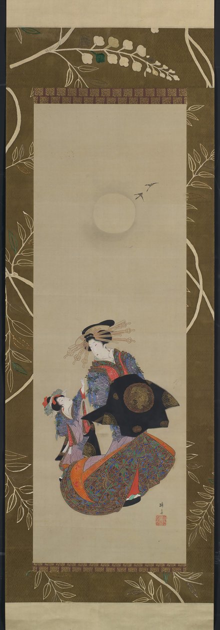 Schoonheid van de Yoshiwara met leerling in maanlicht, 19e eeuw door Hokuba