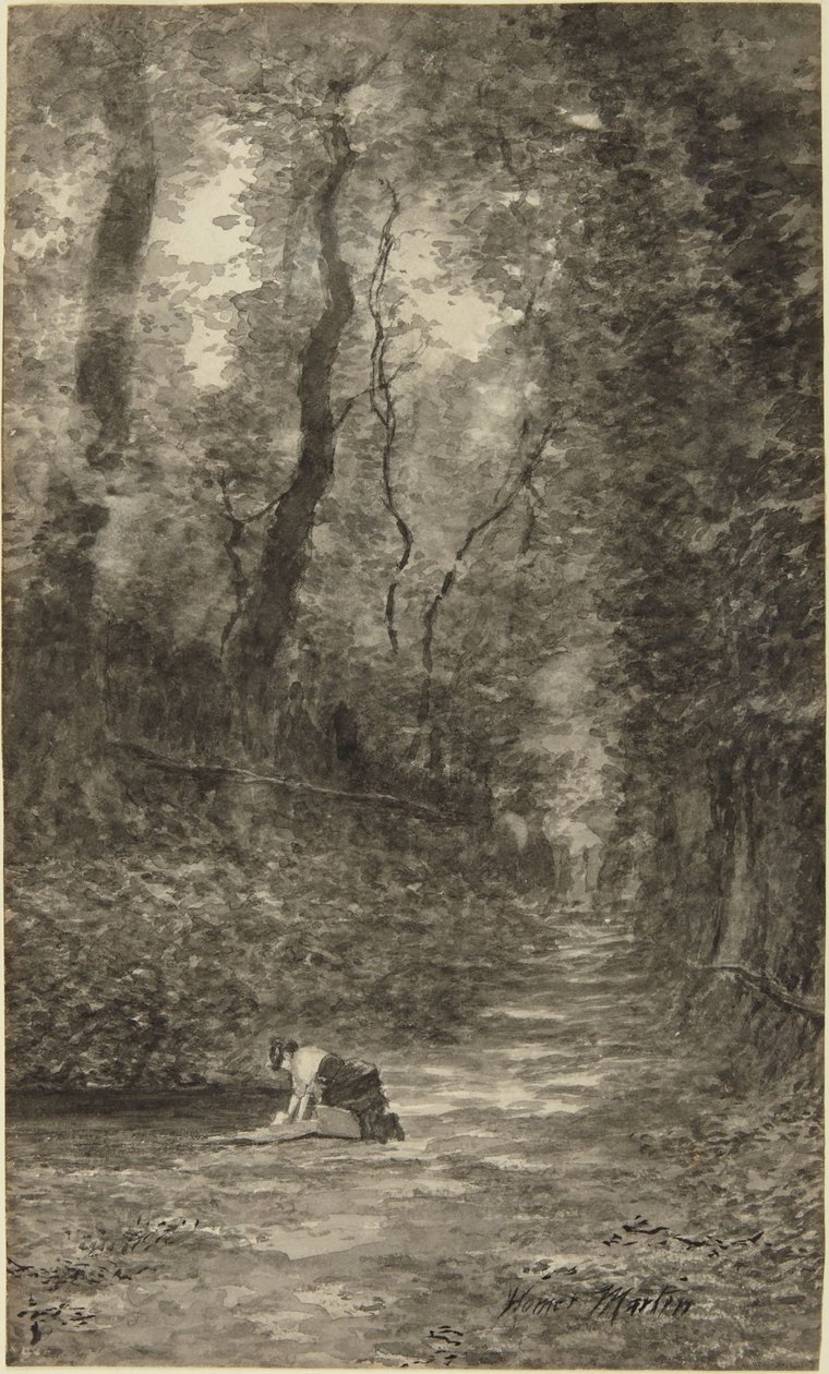 Boslandschap met wasvrouw door Homer Dodge Martin
