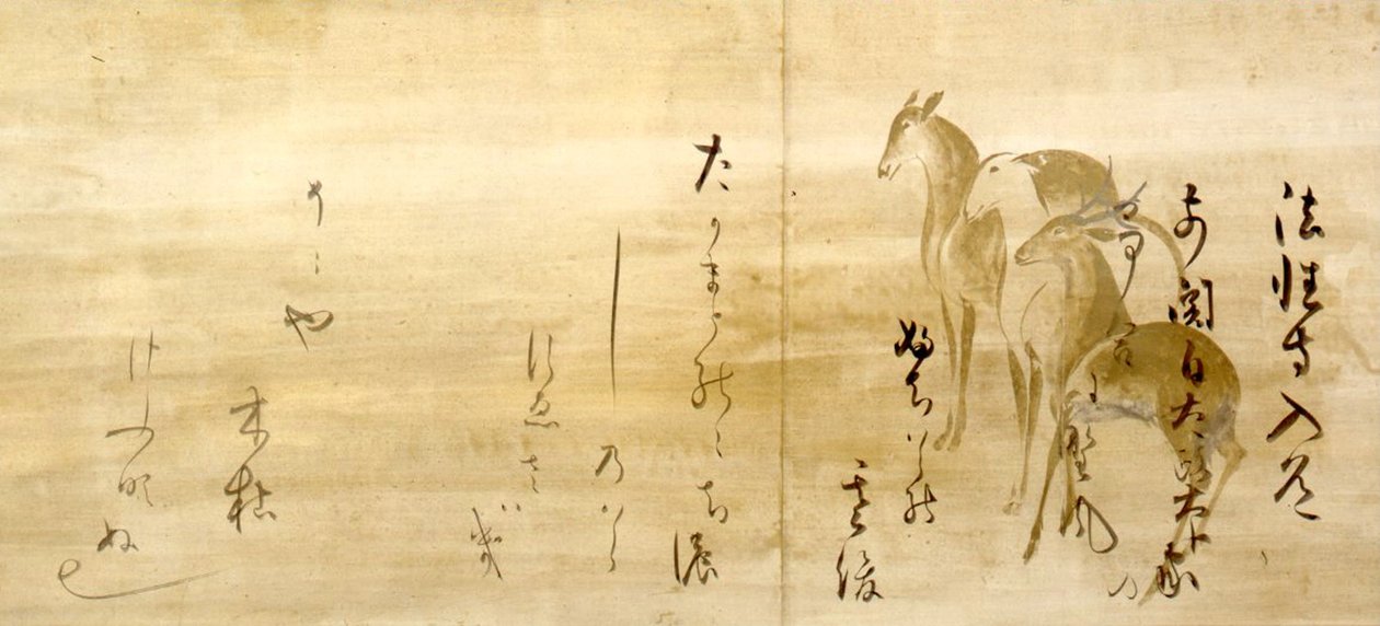 CALLIGRAFIE VAN GEDICHTEN uit de Shinkokin-wakashu op papier versierd met herten door Honami Koetsu