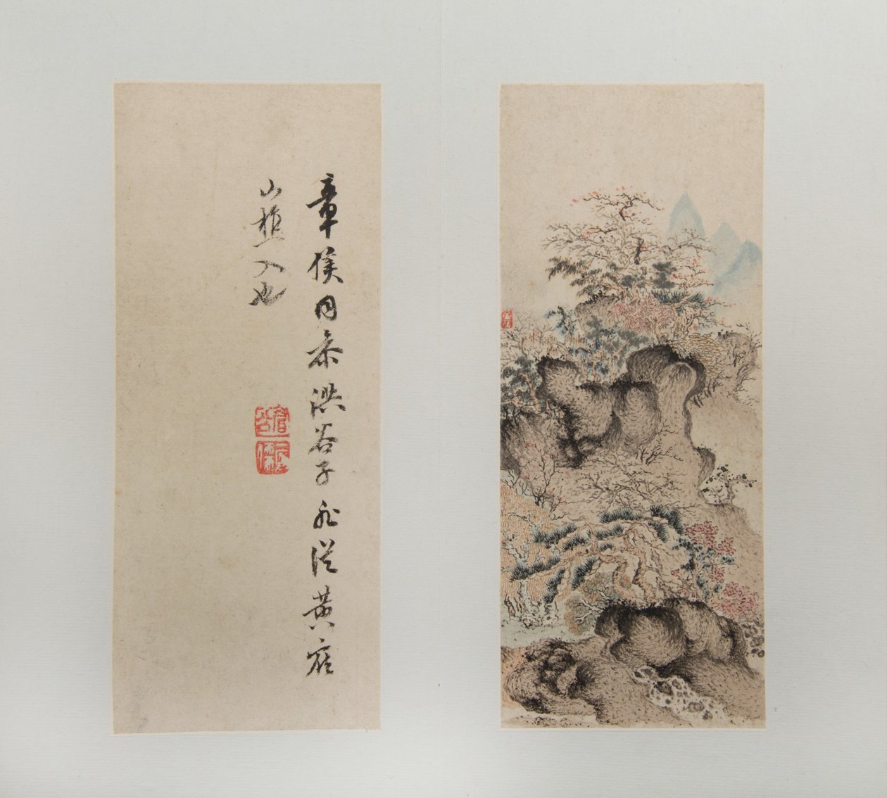 Landschappen, figuren en bloemen, gedateerd 1618-22 (album van twaalf bladen; inkt en kleur op papier) door Hongshou Chen