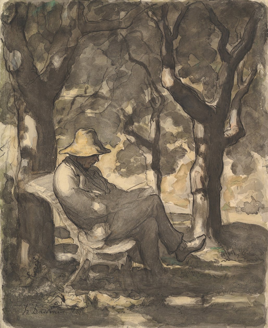 Een man die leest in een tuin, ca. 1865 door Honoré Daumier