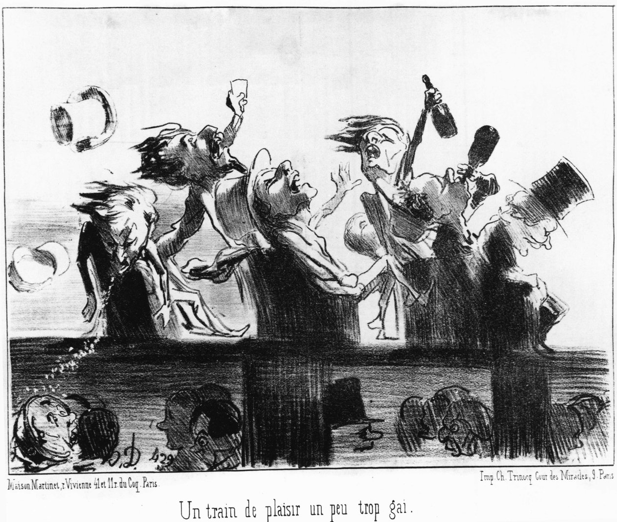 Een leuke trein een beetje te vrolijk: uit "Les trains de Plaisir", serie cartoons over de spoorwegen door Honore Daumier. "Charivari" door Honoré Daumier