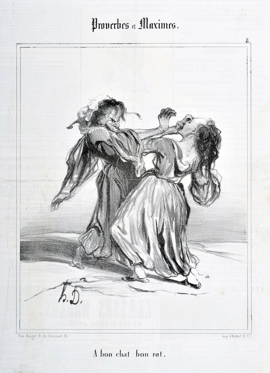 Kunstwerk door Honore Daumier (1808-1879). Charivari dateert uit 1840: Serie PROVERBES ET MAXIMES A bon chat bon rat MUSEE DES BEAUX ARTS - PALAIS LONGCHAMP, MARSEILLE door Honoré Daumier
