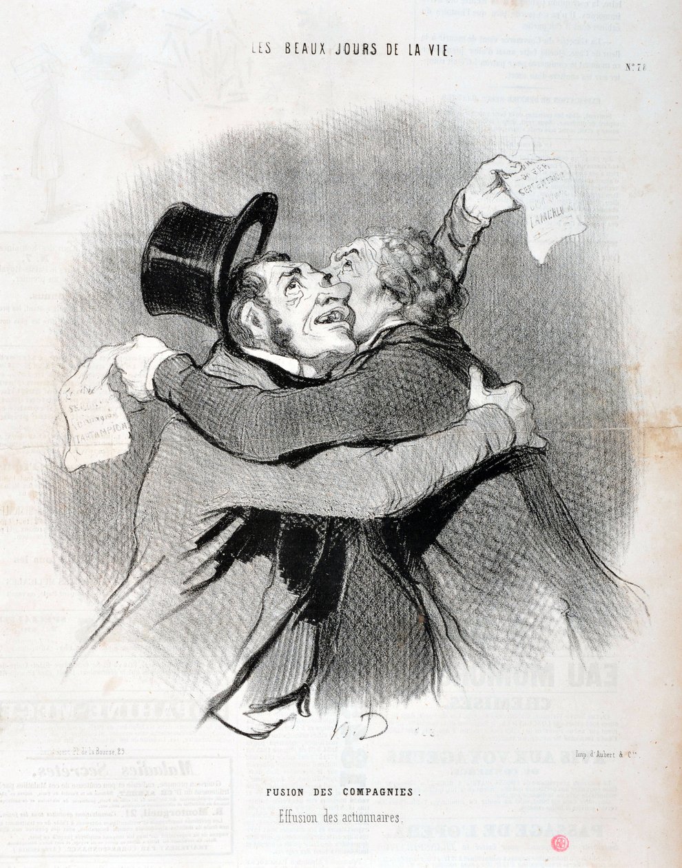 Kunstwerk door Honore Daumier (1808-1879). Charivari uit 1845: Serie LES BEAUX DAYS DE LA VIE. Fusie van bedrijven - Uitval van aandeelhouders. MUSEUM OF FINE ARTS - PALACE LONGCHAMP, MARSEILLE door Honoré Daumier