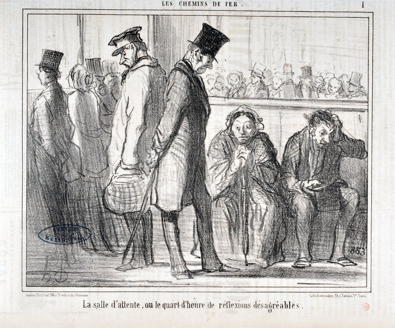 Kunstwerk door Honore Daumier (1808-1879). Charivari dateert uit 1855: Serie LES Spoorwegen De wachtkamer of het kwartier van onaangename reflecties MUSEE DES BEAUX ARTS - PALAIS LONGCHAMP, MARSEILLE door Honoré Daumier