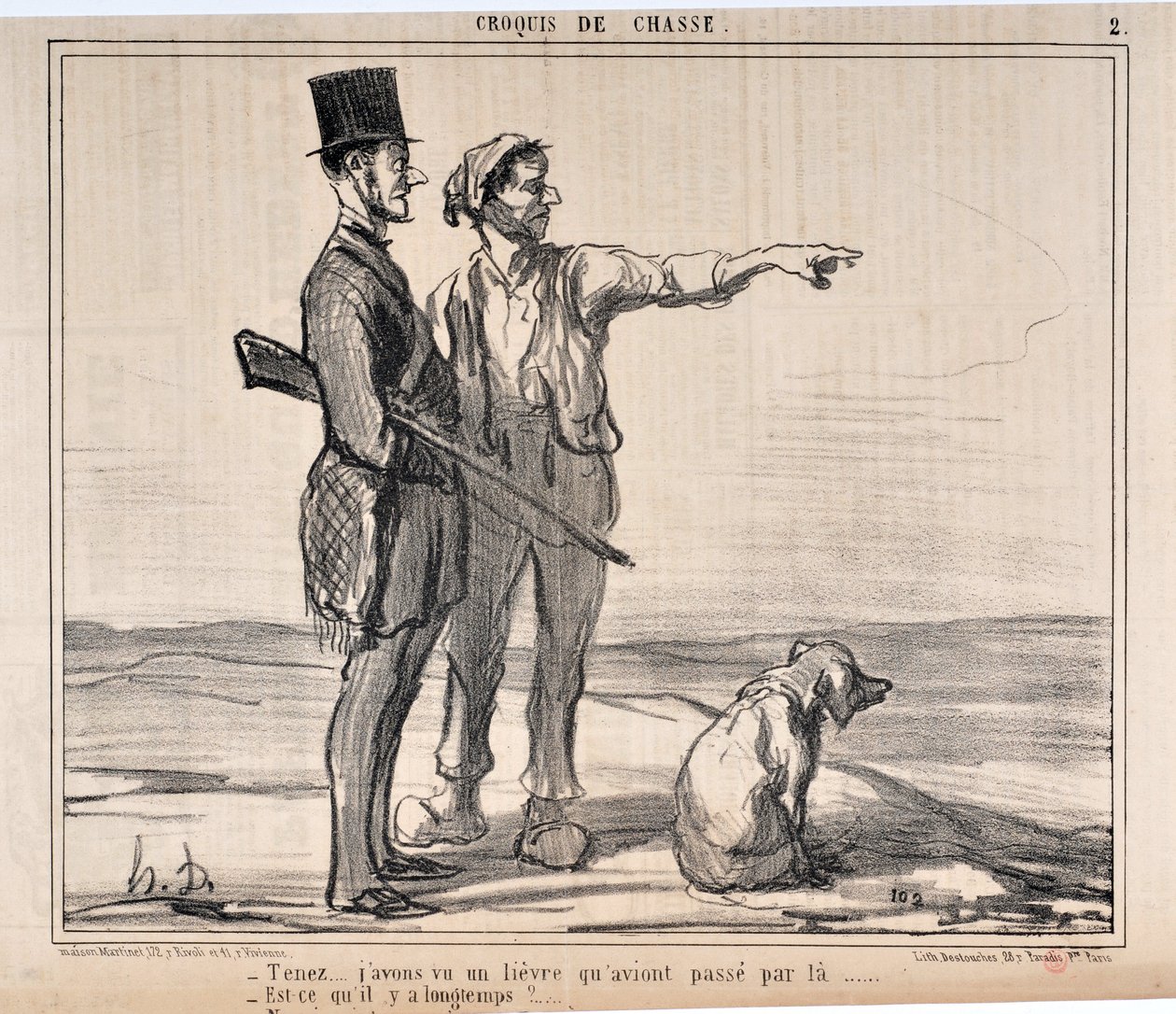 Kunstwerk door Honore Daumier (1808-1879) Charivari dateert uit 1857: Serie jachtschetsen Hou... ik zag een havik die daar vloog... - Is dat lang geleden?... MUSEUM VAN SCHONE KUNSTEN - PALEIS LONGCHAMP, MARSEILLE door Honoré Daumier
