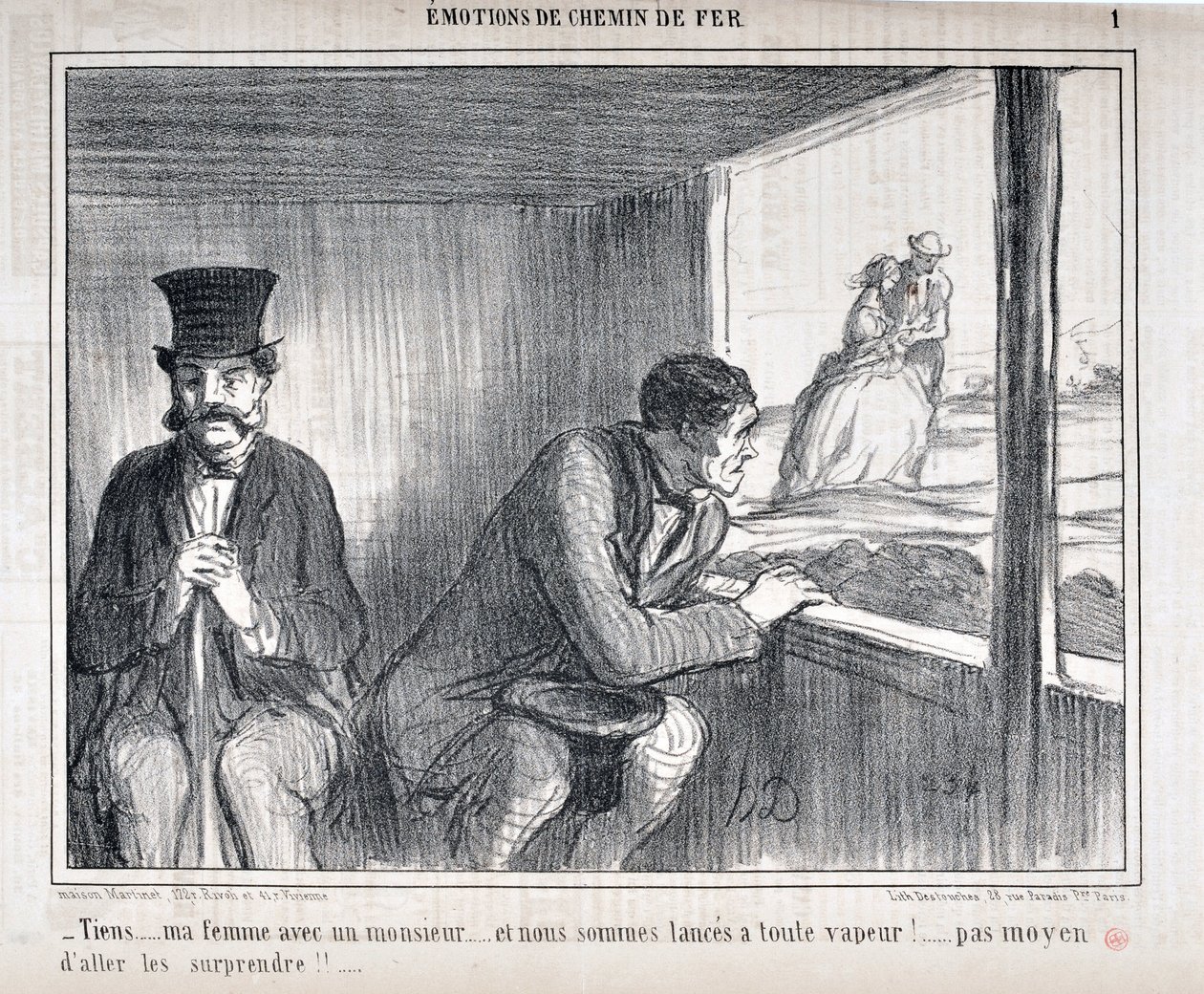 Kunstwerk door Honore Daumier (1808-1879) Charivari dateert uit 1858: Serie EMOTIES OP Spoorweg -Tiens... mijn vrouw met een heer... en we zijn op volle snelheid!... geen manier om ze te verrassen!!... MUSEUM VAN SCHONE KUNSTEN - PALEIS LONGCHAMP, MARSEILL door Honoré Daumier