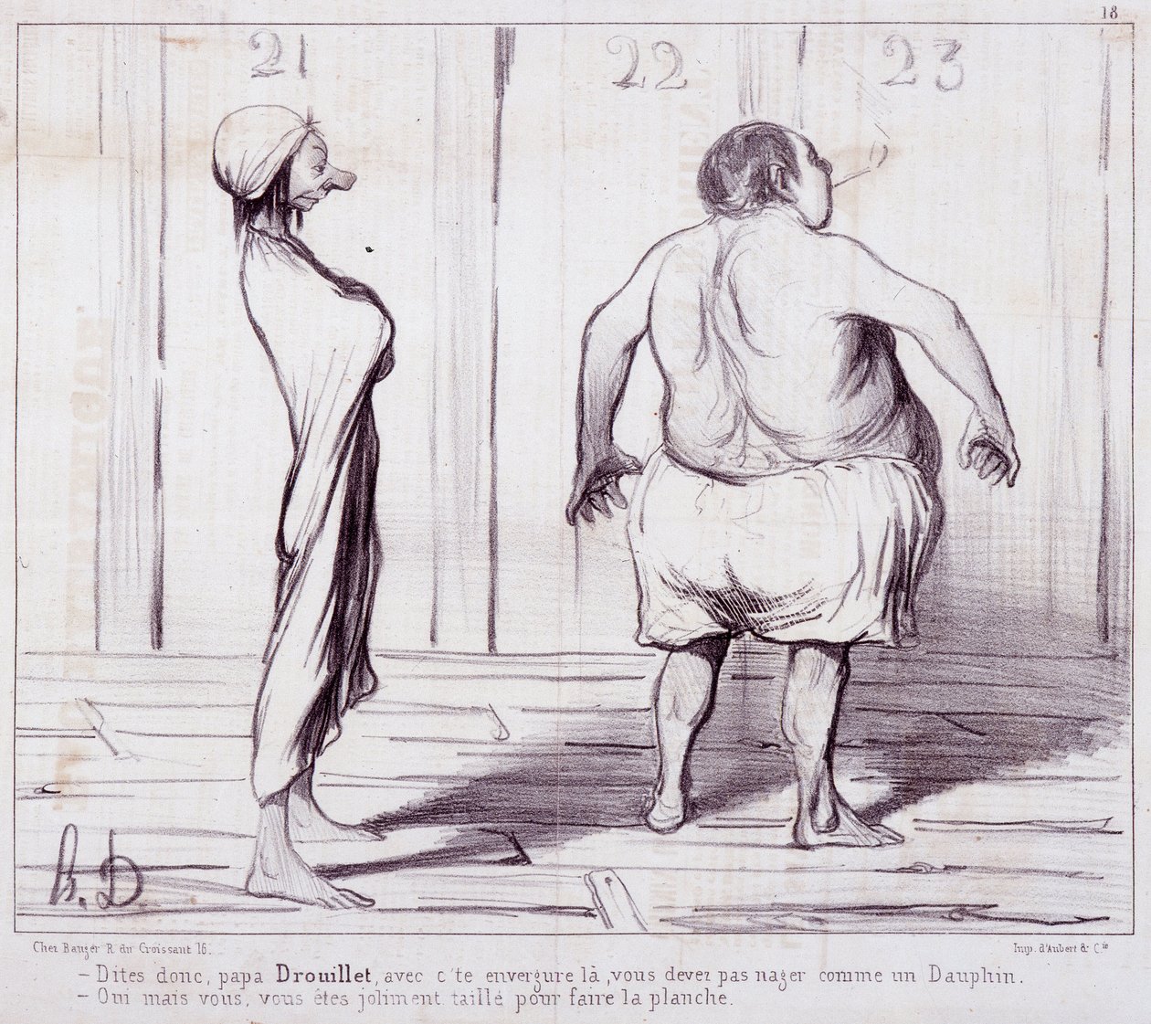 Spotprent over uiterlijkheden. Serie The Bathers: Vertel papa Drouillet... Gravure door Honore Daumier. Uit de krant Le Charivari. Dim 25x36cm. box 12 Marseille, Musee des Beaux-Arts, Palais Longchamps, Collectie Arts Graphi door Honoré Daumier