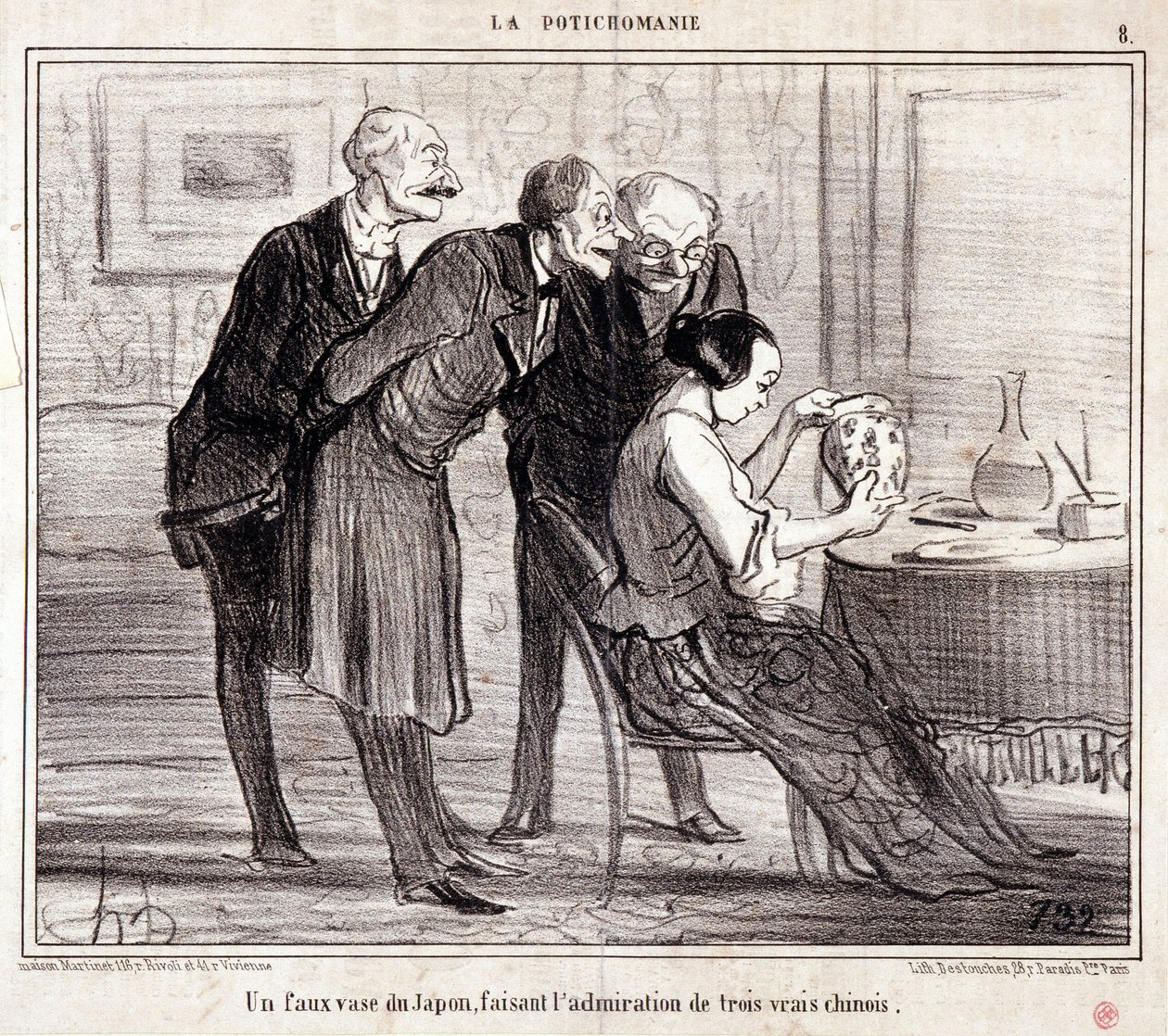 Spotprent over kunstverzamelaars. Serie Potichomania: Een nepvaas uit Japan bewondert drie Chinezen. Gravure door Honore Daumier. Uit de krant Le Charivari door Honoré Daumier