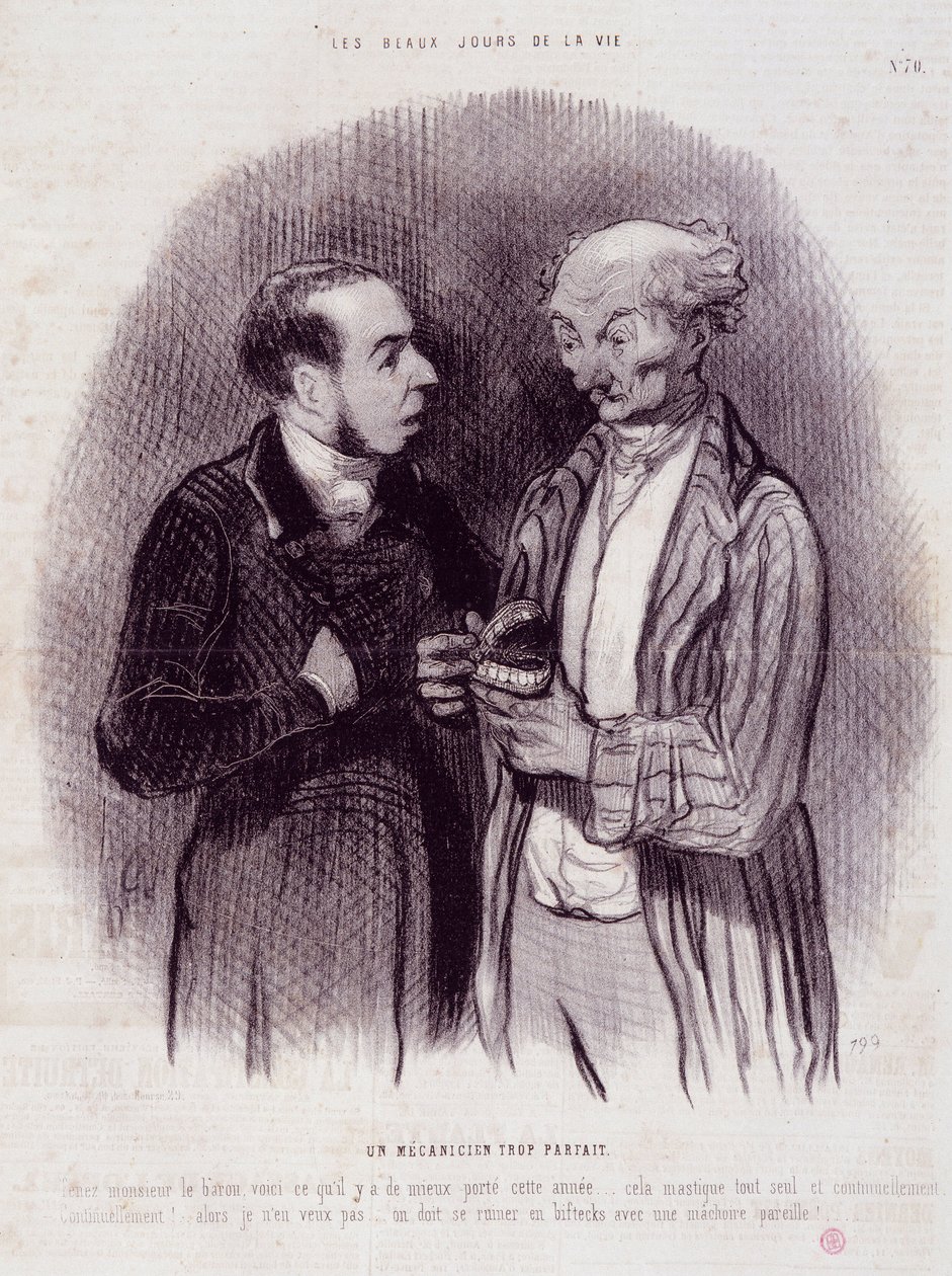 Spotprent over tandartsen. Serie The Beautiful Days of Life: Een te perfecte monteur... Gravure door Honore Daumier. Uit de krant Le Charivari op 22 september door Honoré Daumier