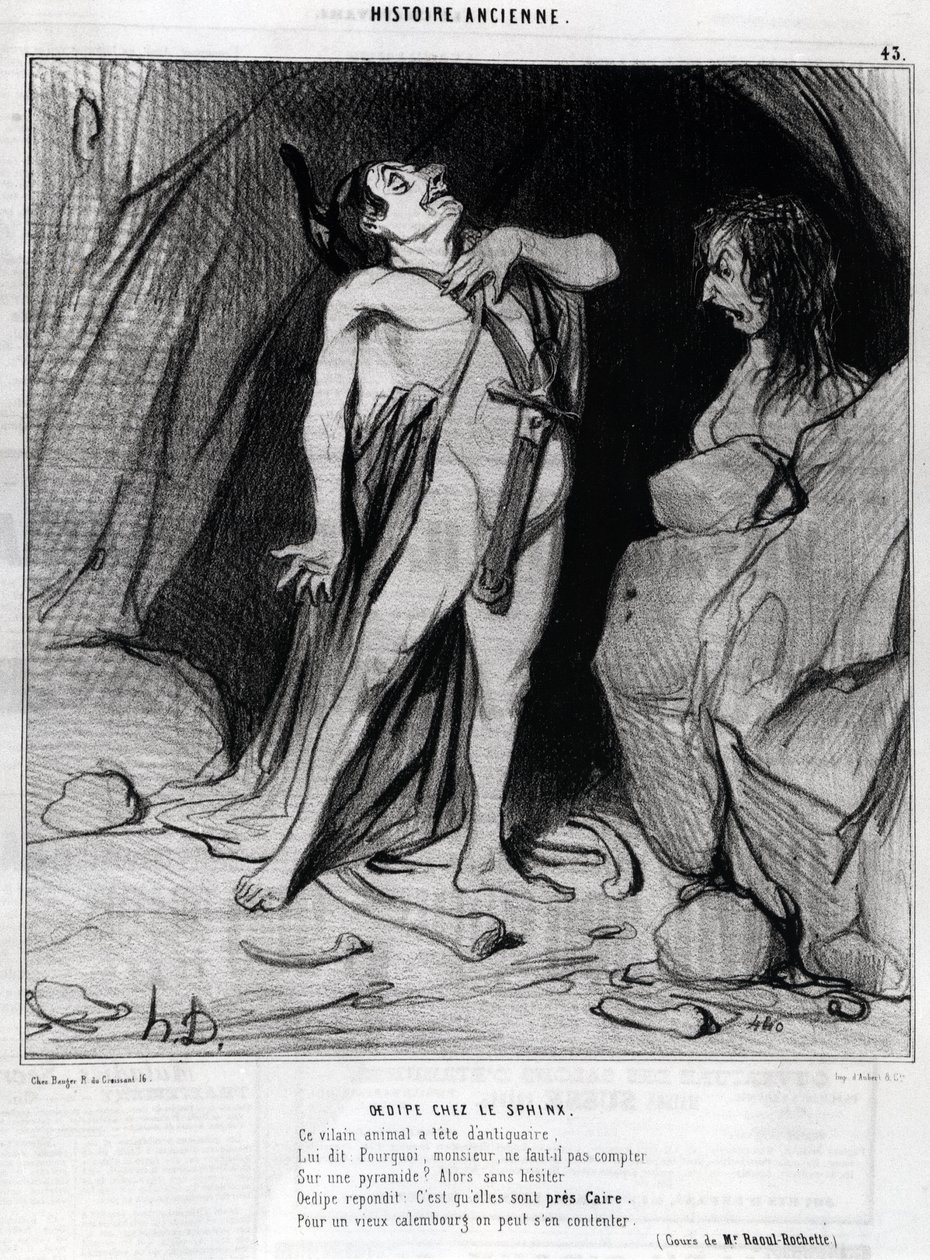 Cartoon door Honore Daumier over Oedipus en de Sfinx, -in "Charivari", 12 december door Honoré Daumier