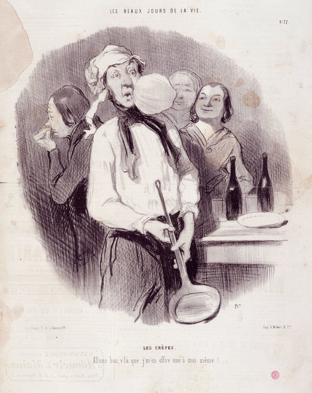 Spotprent van een onhandige man. Serie Les Beaux Days de la Vie: De pannenkoeken... Gravure door Honore Daumier. Uit de krant Le Charivari op 14 november door Honoré Daumier