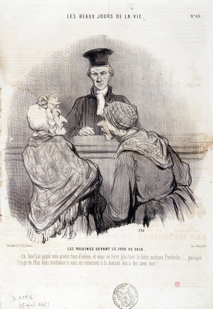Spotprent over buurtverhoudingen: Serie The Beautiful Days of Life: Buren voor de Vrederechter... Gravure door Honore Daumier. Uit de krant Le Charivari op 15 mei door Honoré Daumier