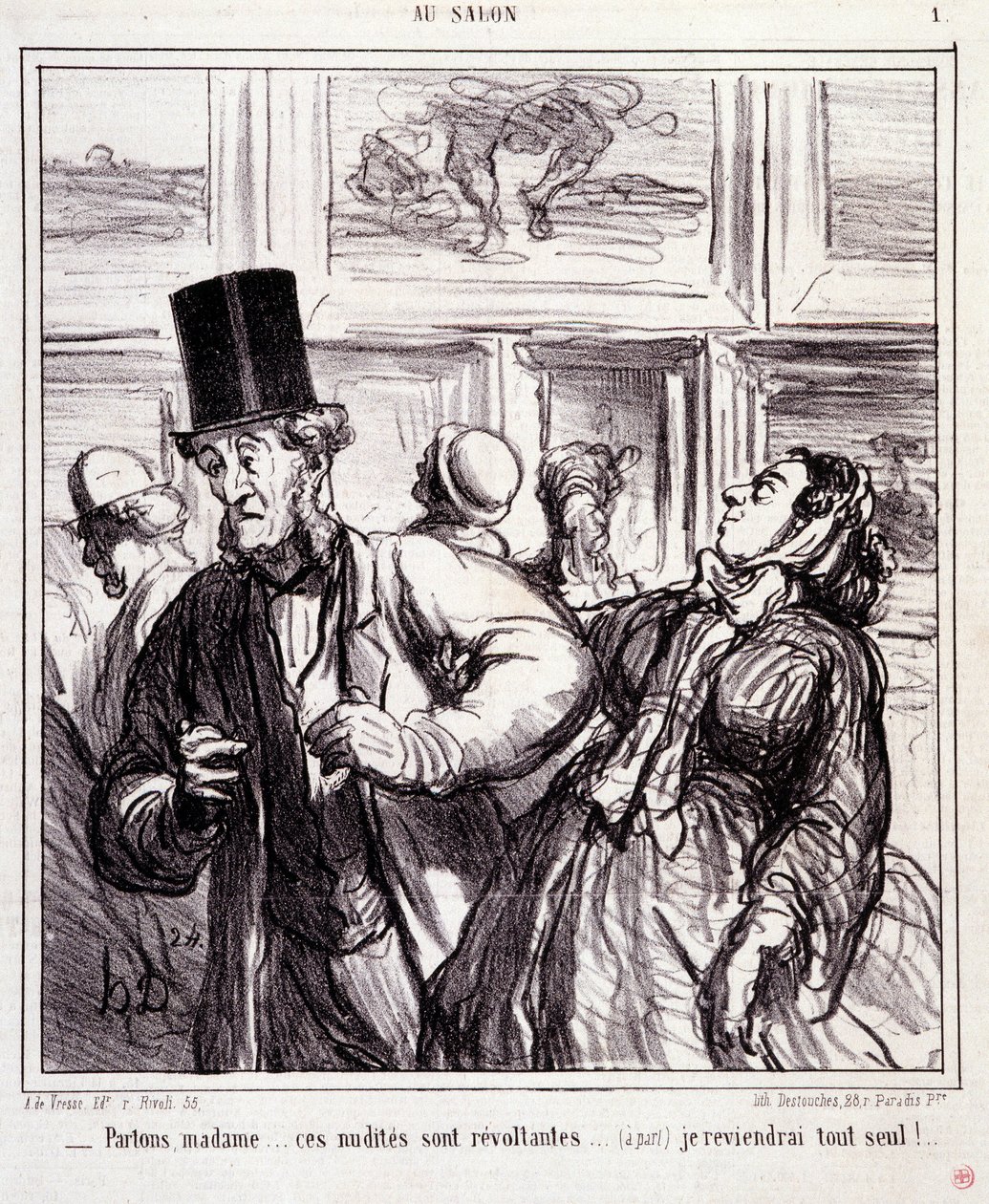 Spotprent over kunstliefhebbers: Serie Au salon: Laten we vertrekken mevrouw... deze naakten zijn schandalig... ik kom alleen terug. Gravure door Honore Daumier. Uit de krant Le Charivari op 5 mei door Honoré Daumier