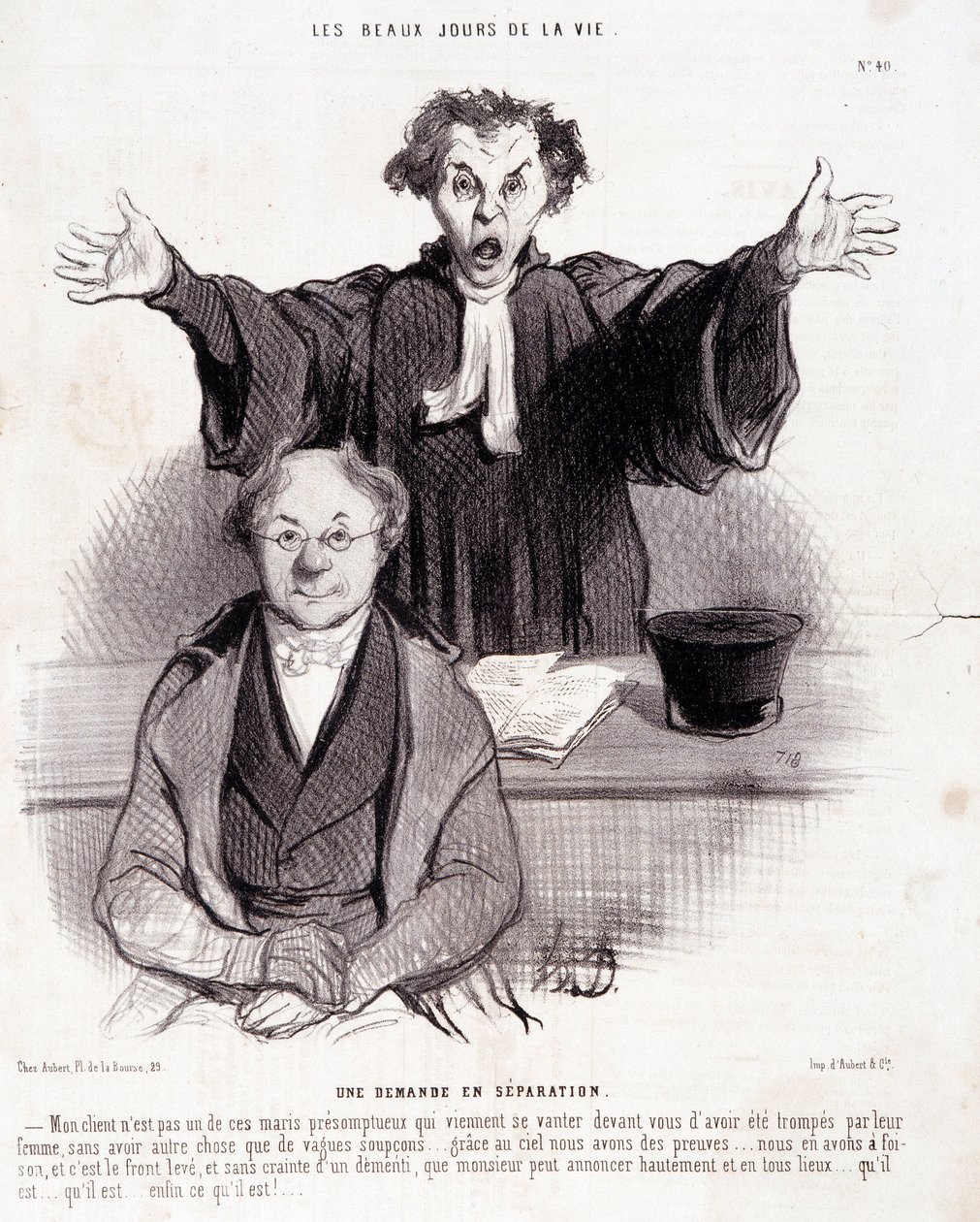 Spotprent over scheidingen: Serie The Beautiful Days of Life: Een verzoek om scheiding... Gravure door Honore Daumier. Uit de krant Le Charivari op 29 januari door Honoré Daumier