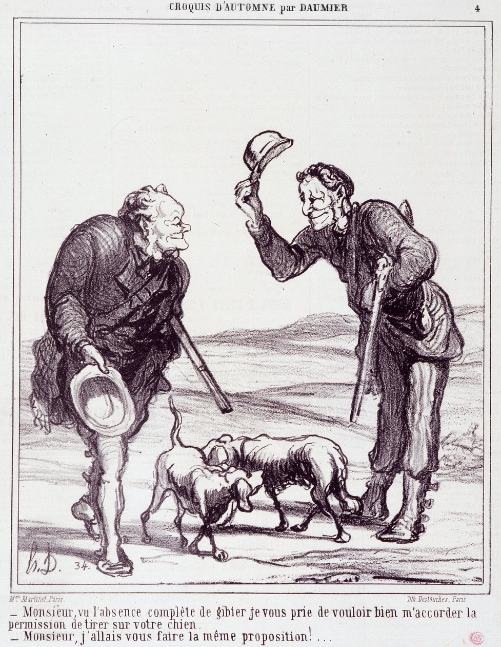Spotprent over jagers: Serie Autumn Sketch: Meneer, gezien de volledige afwezigheid van wild, geef me alstublieft toestemming om uw hond neer te schieten... Gravure door Honore Daumier. Uit de krant Le Charivari op 28 september door Honoré Daumier