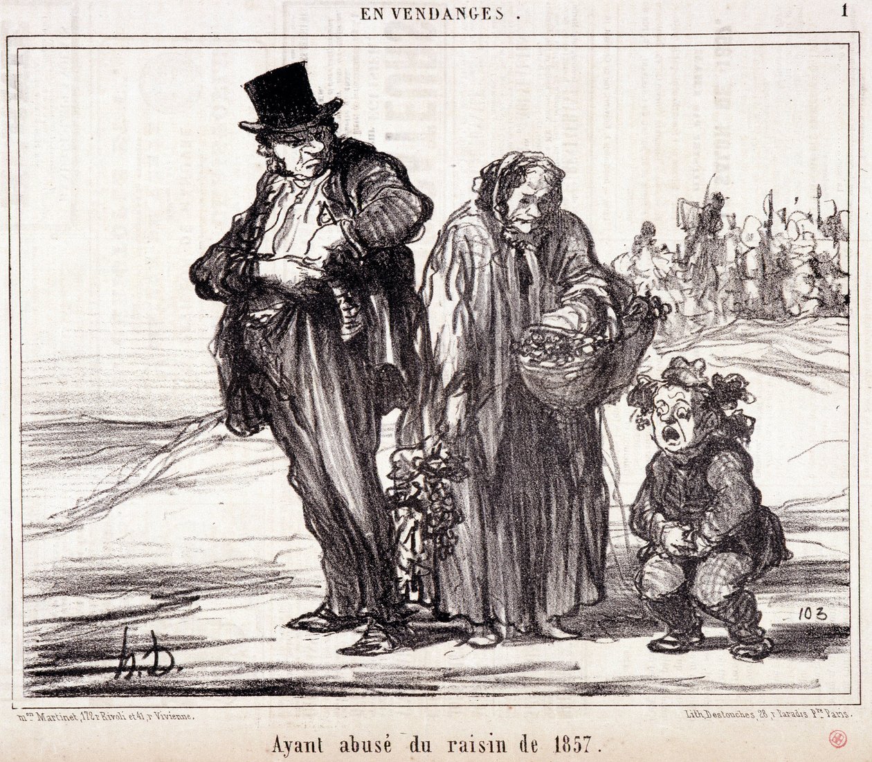 Cartoon over wijnbouw. Serie "Herfstschets": "In de Oogst. Misbruik gemaakt van de druiven van 1857" Gravure door Honore DAUMIER (1808-1879). Uittreksel uit de krant "Le Charivari" op 16 oktober door Honoré Daumier