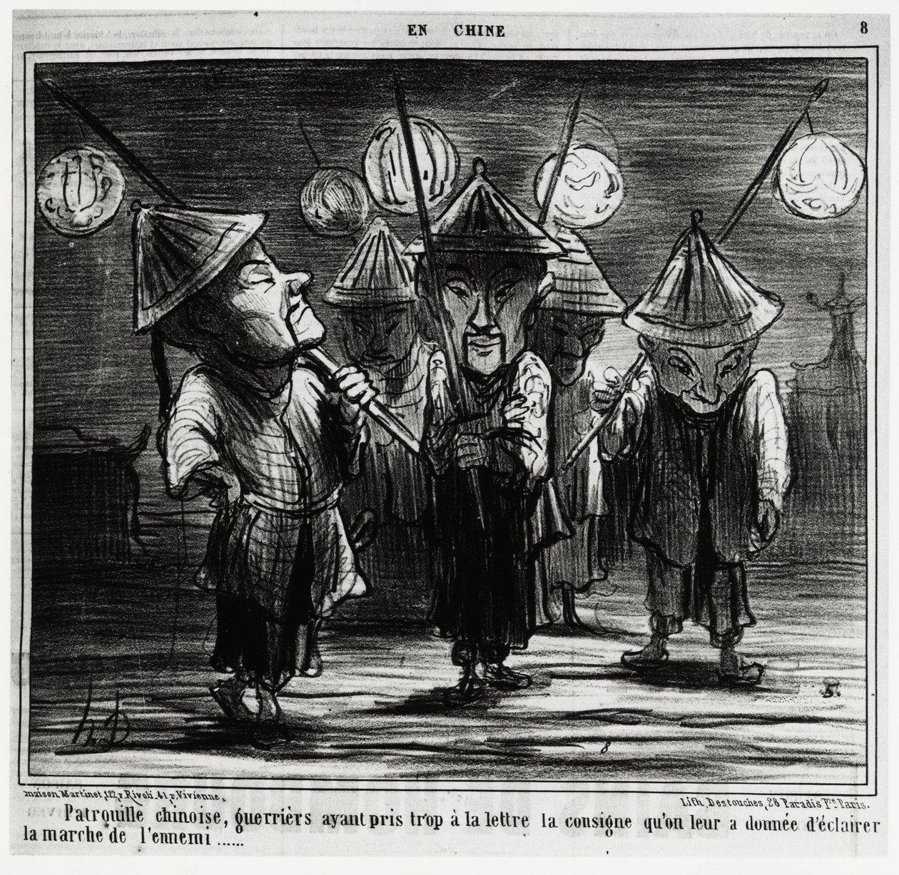 Chinese patrouille, krijgers die de instructies te letterlijk hebben genomen om de mars van de vijand te verlichten. In serie En Chine, illustratie door Honore Daumier, gepubliceerd in 