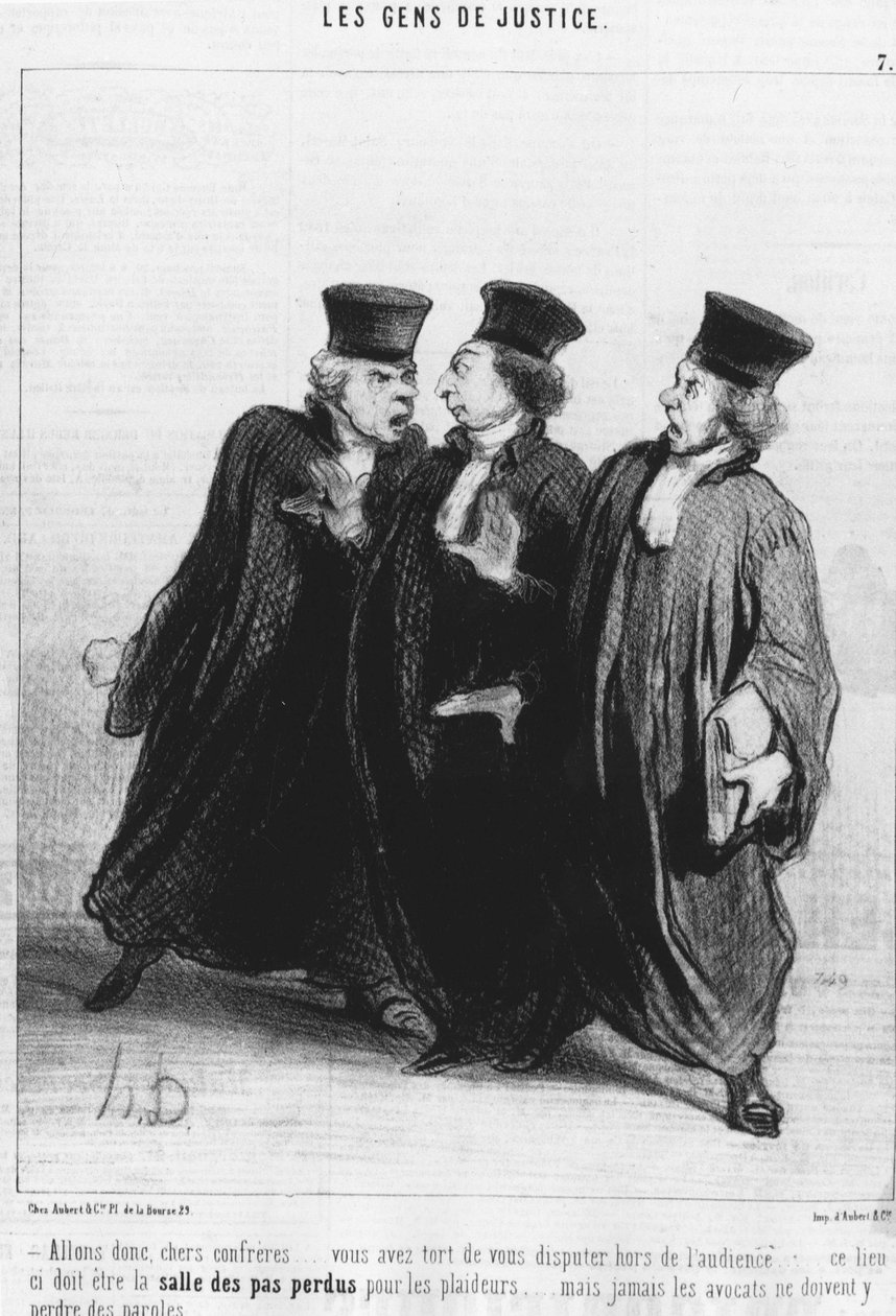 Kom op, beste confrères... je hebt ongelijk om buiten de rechtbank te ruziën... deze plaats moet de rechtszaal zijn voor procespartijen... maar advocaten mogen nooit woorden verliezen... uit de "Gens de Justice", serie cartoons over Justitie door Honore Da door Honoré Daumier