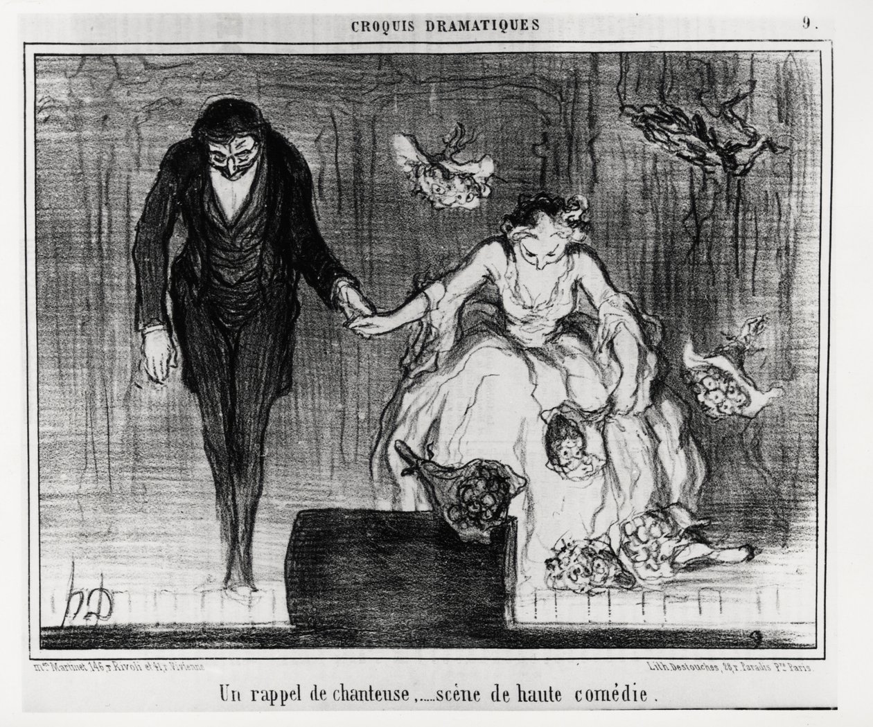 Dramatische schetsen: een zanger herinnering, scène uit de hoge komedie. Illustratie van Honore Daumier, gepubliceerd in 